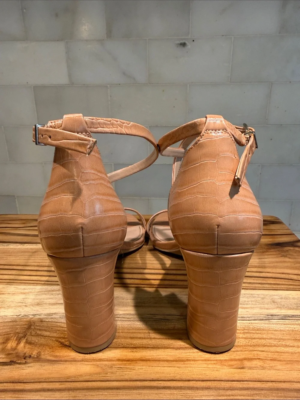 Kelly & Katie Croc-Embossed Peachy Tan Block Heel Sandals